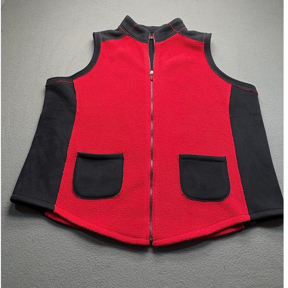 Susan Graver Weekend Fleece Vest Womens‎ 3X Red Black Full Zip Mock Neck Pockets